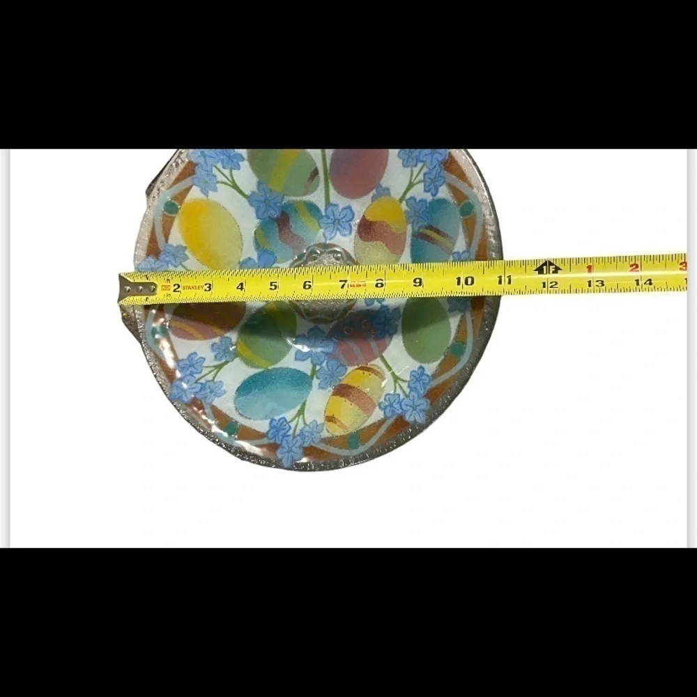 Peggy Karr Easter Egg Fused Art Glass Bowl Colorful Eater Eggs Blue Pink Green